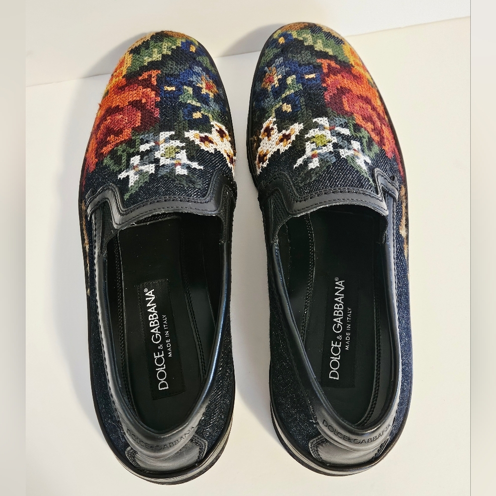 Dolce & Gabbana Wns Floral Navy Blue Denim/Leather Slip On Sz 6 Sneakers A50059 - Picture 8 of 11